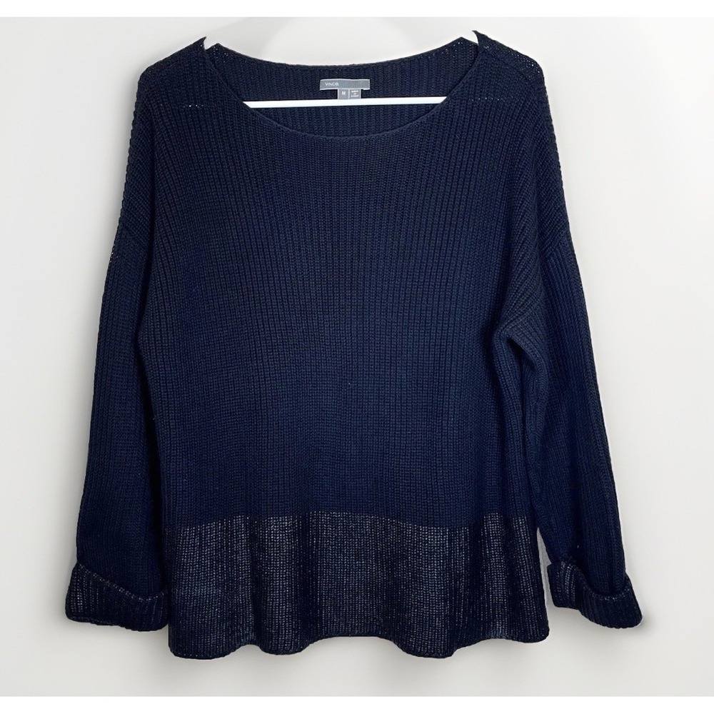 VINCE Sweater Women's Rib Knit Navy Blue Cotton Boatneck Sz Medium Shimmer
